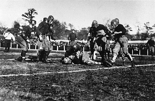 Georgia Tech players tackling a Cumberland ball carrier during the 1916 game.
