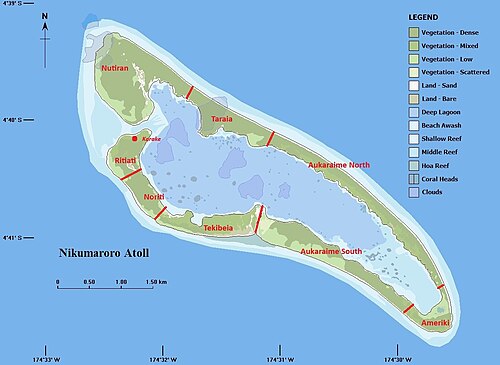 Map of Nikumaroro Atoll with named geographic sectors, including Taraia.