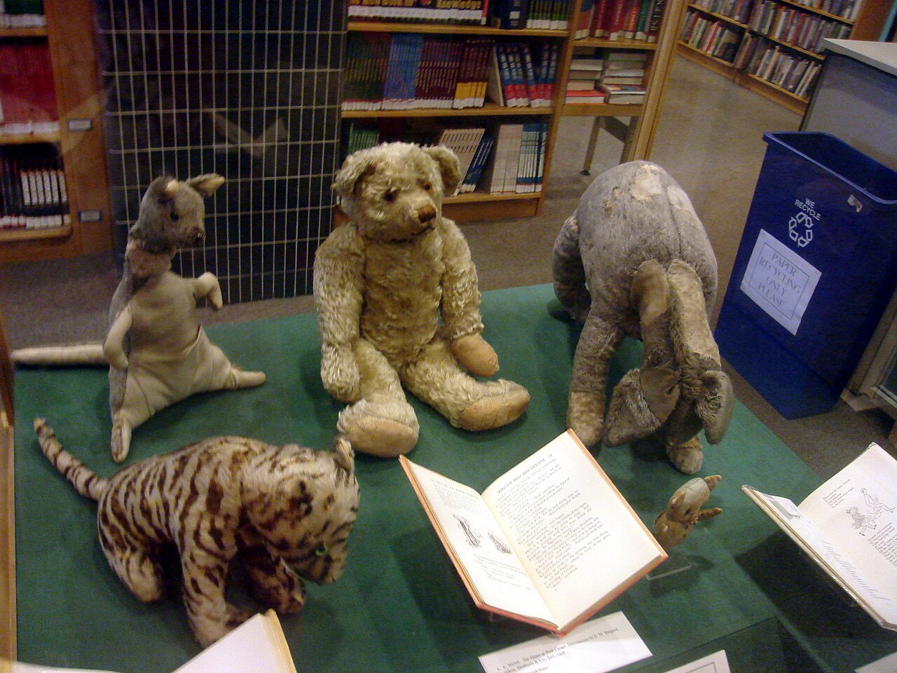 Milne's original childhood stuffed animals displayed at the New York Public Library.