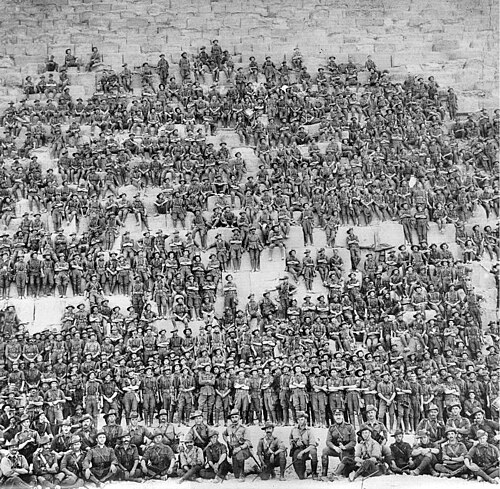 Soldiers of the 11th Battalion posed on the Great Pyramid of Giza, 1915.