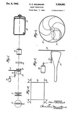 Patent diagrams for Peter Goldmark's CBS field-sequential color television system, filed 1940.