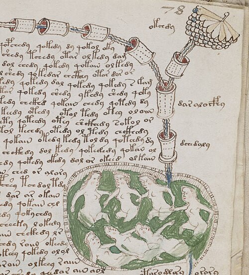 Detail from the balneological section of the Voynich manuscript showing figures in a pool.
