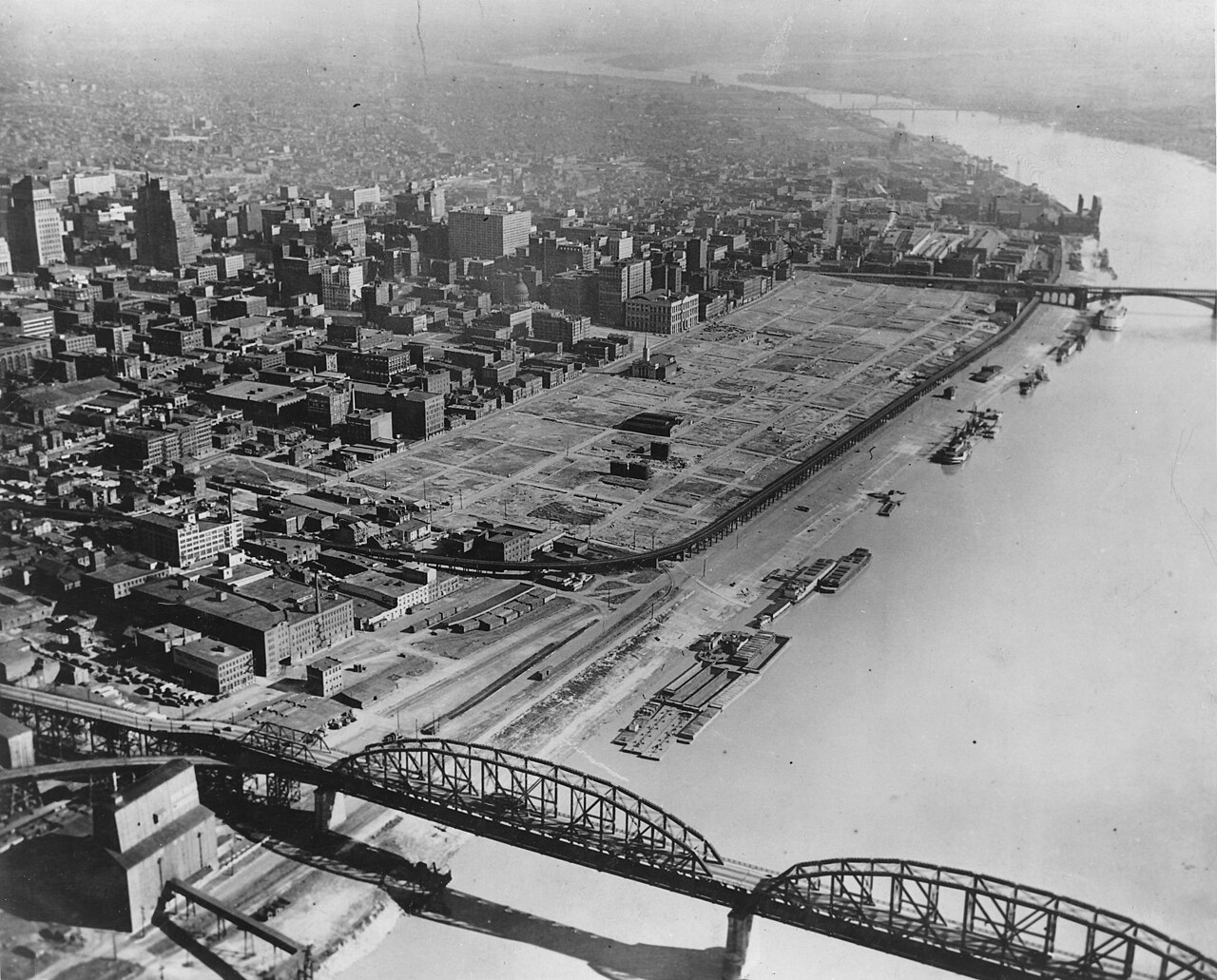Aerial view of the St. Louis riverfront cleared after demolition.