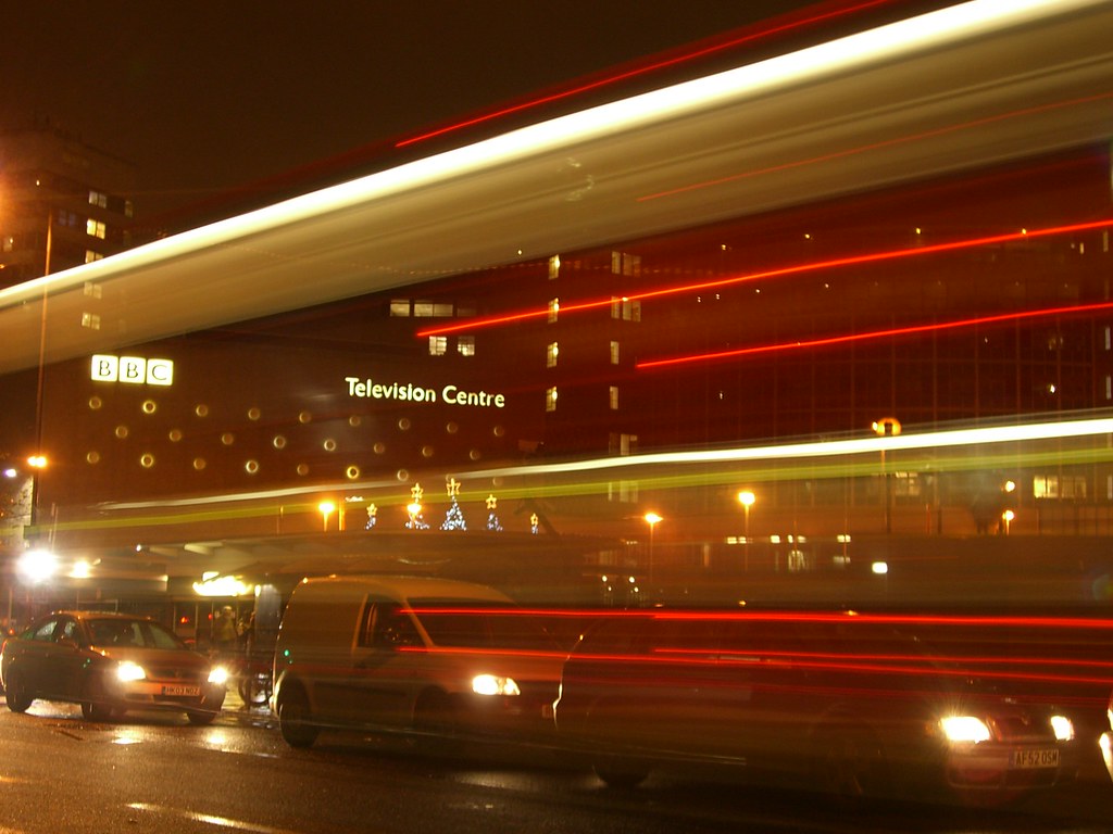 BBC Television Centre at night, with light trails.