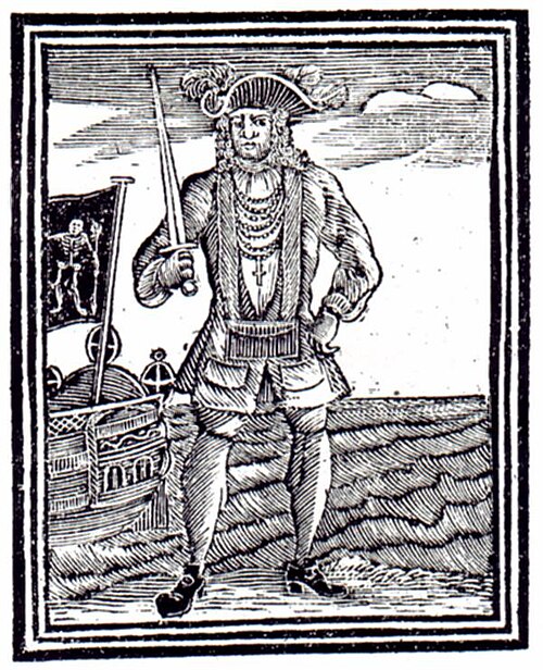 A 1725 woodcut depicting pirate Bartholomew Roberts with a Jolly Roger.