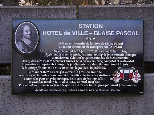 Commemorative plaque marking the 350th anniversary of the carrosses à cinq sols
