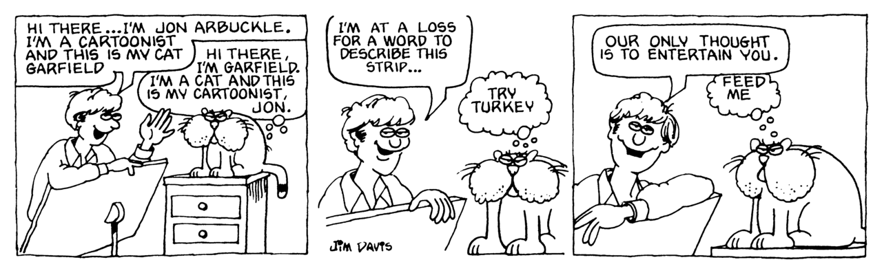 Early Garfield comic strip introducing Jon Arbuckle and Garfield.