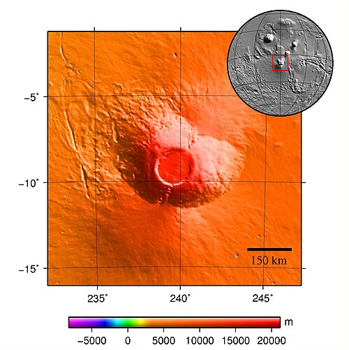 Topographic map of Arsia Mons showing elevation details.
