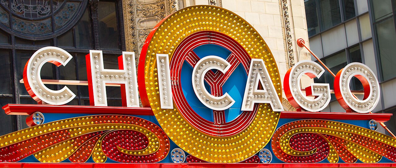 Close-up of the Chicago Theatre marquee sign.