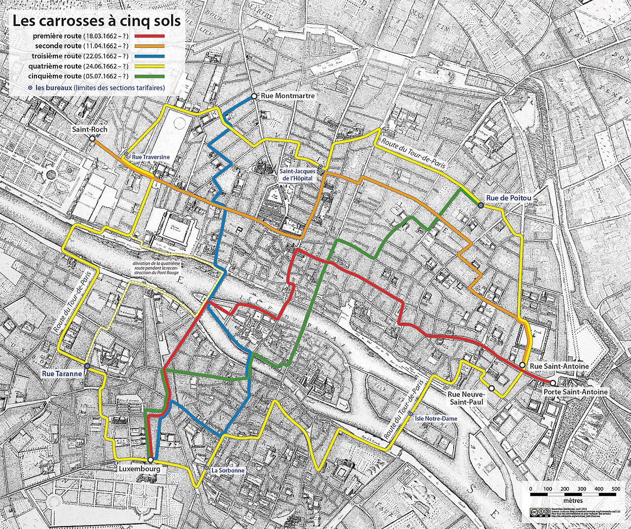 Map of the carrosses à cinq sols routes in Paris