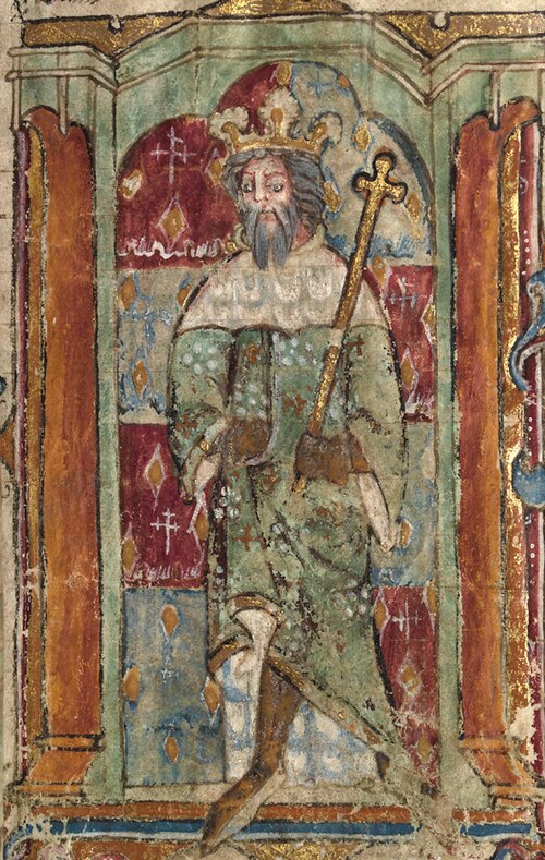 Fourteenth-century Welsh manuscript depiction thought to be Magnus Maximus from Llanbeblig Hours.