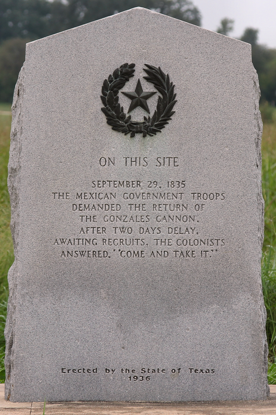 Centennial marker commemorating the site of the Gonzales cannon dispute.