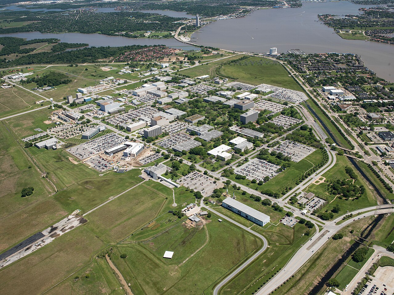 Aerial view of NASA's Johnson Space Center facilities in Houston.