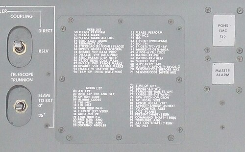 Control panel reference list detailing numeric verb and noun commands for the Apollo Guidance Computer.