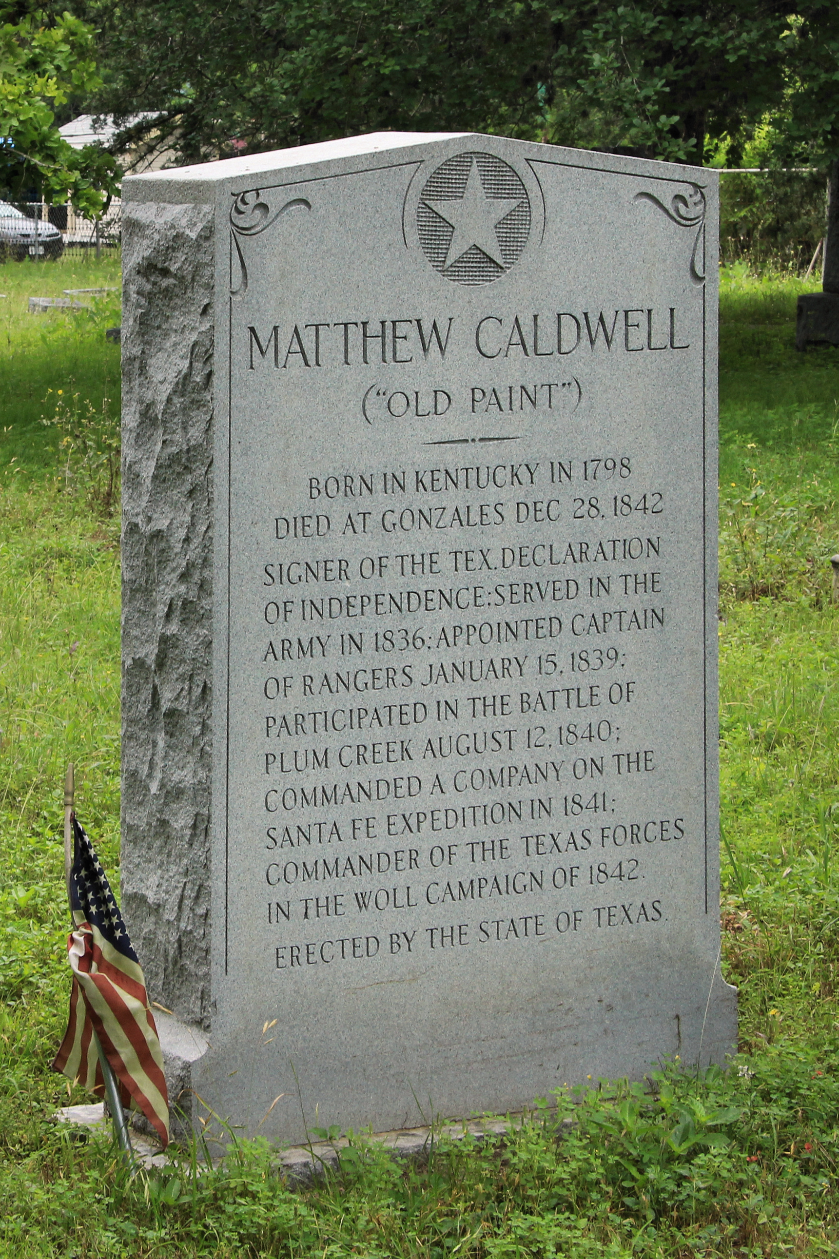 Gravestone of Matthew Caldwell located in Gonzales.
