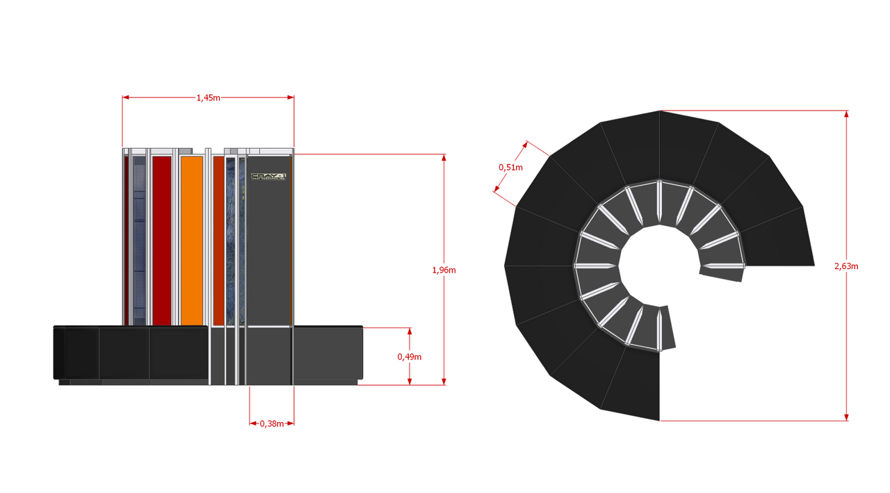Technical diagram showing the side and top dimensions of a Cray-1 chassis.