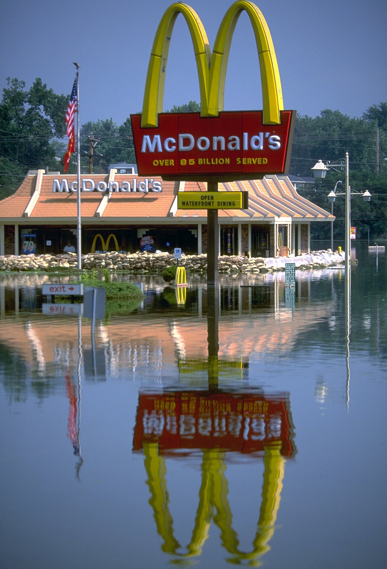 A flooded McDonald's restaurant along the swollen Mississippi River in Festus, Missouri.