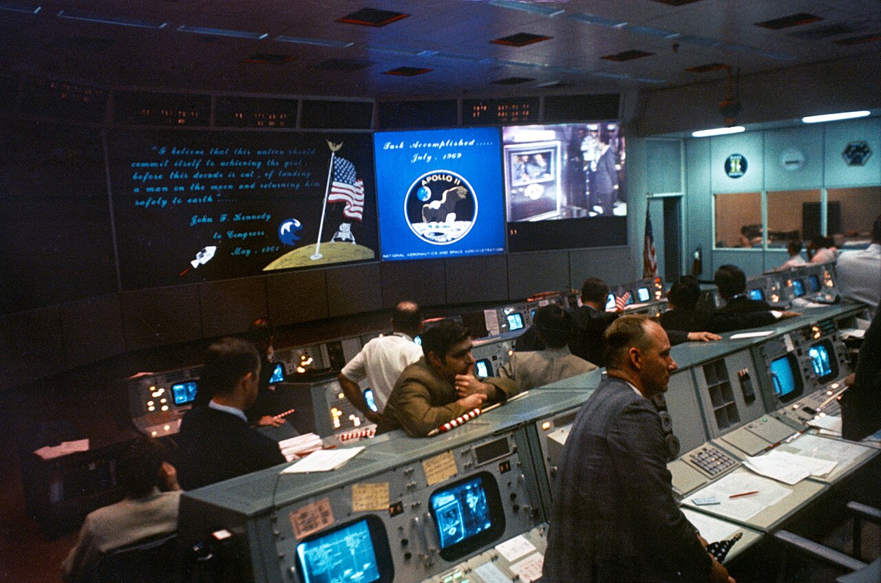 Mission Operations Control Room at Johnson Space Center following the Apollo 11 lunar landing in 1969.