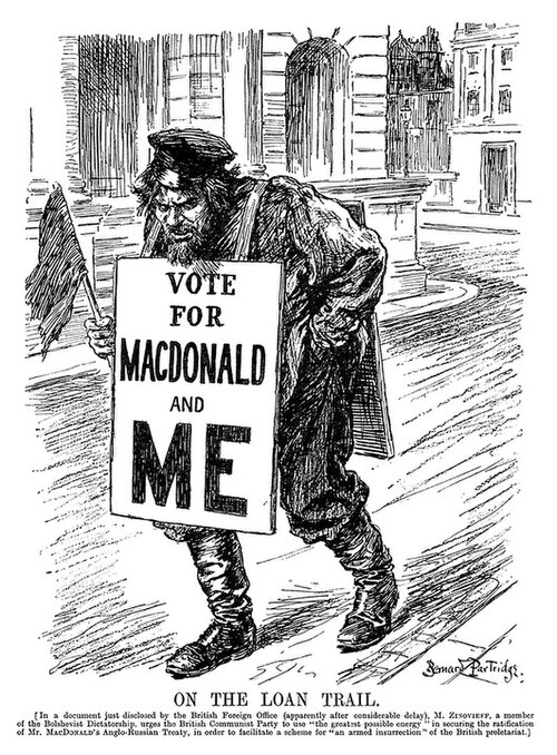 Punch cartoon depicting a Bolshevik wearing a sandwich board reading 'Vote for MacDonald and Me'