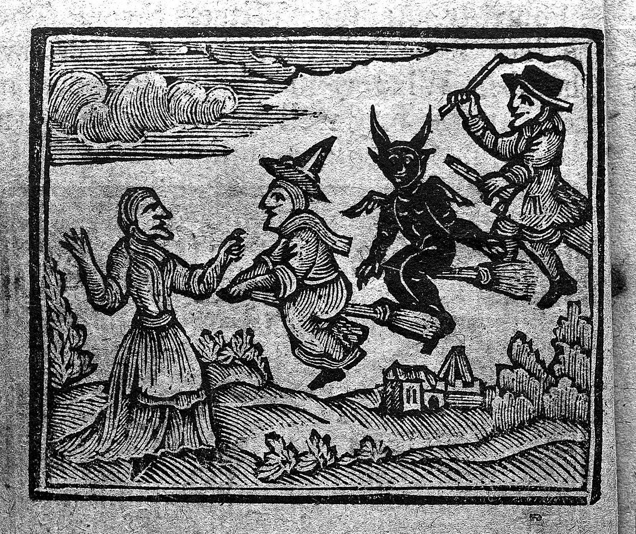 A woodcut from around 1720 showing figures flying on brooms in conical hats, from The History of Witches and Wizards