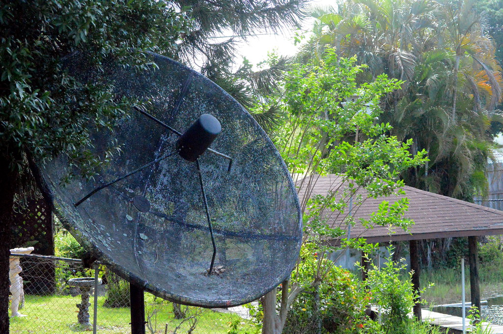 A large residential satellite dish installed in a yard.