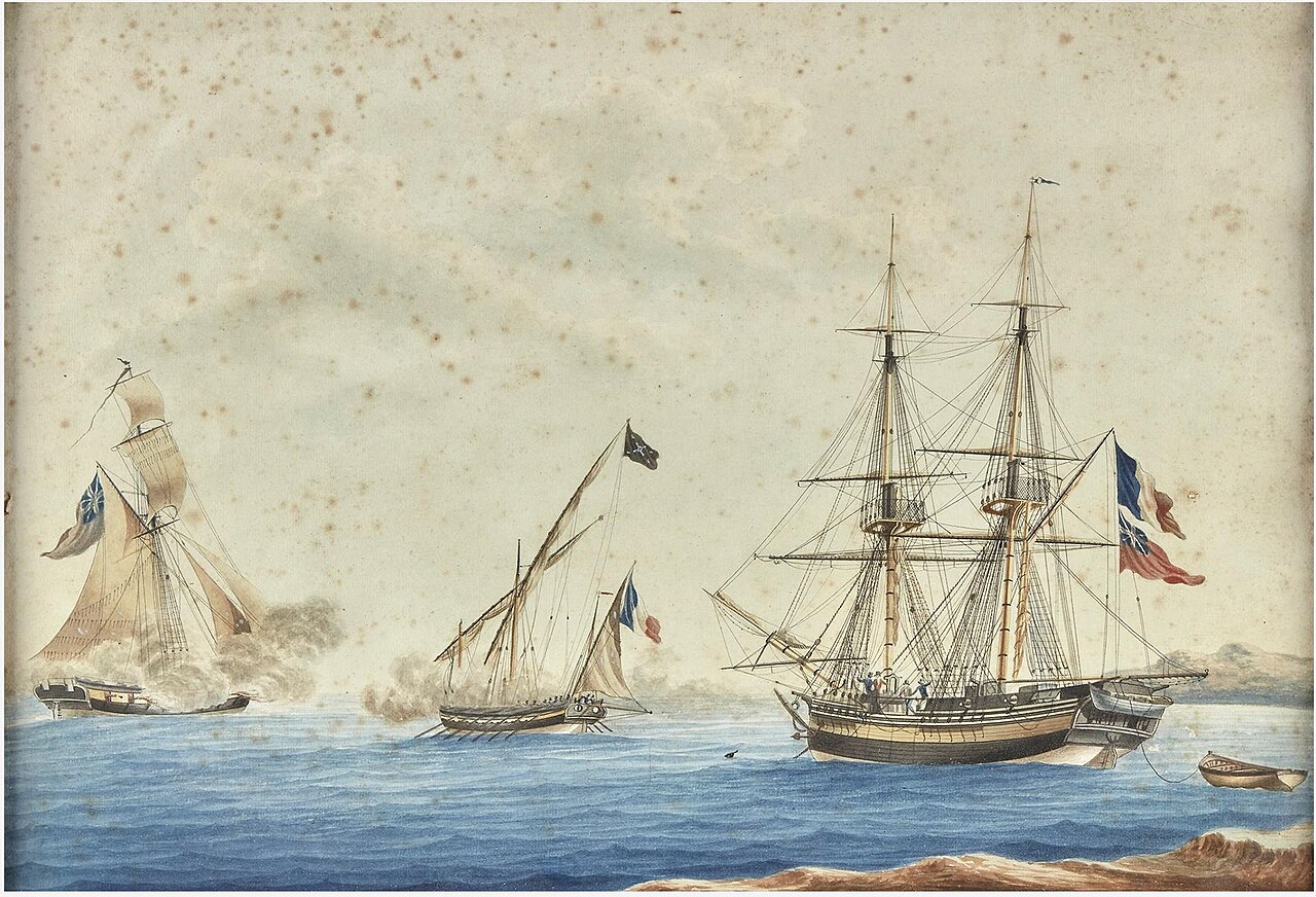 An 1811 painting by Nicolas Cammillieri showing a French privateer flying a black Jolly Roger.