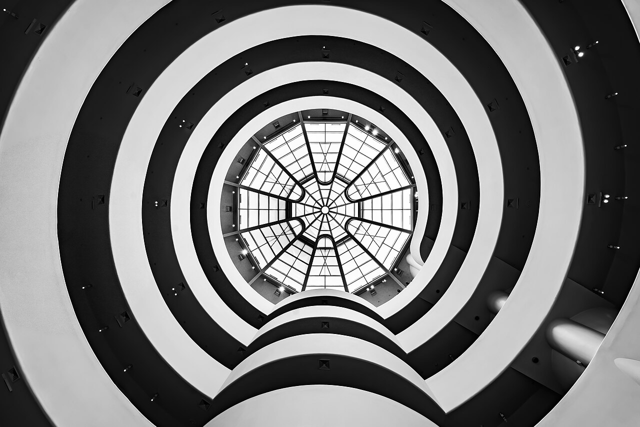 The central skylight and spiral ramp seen from below