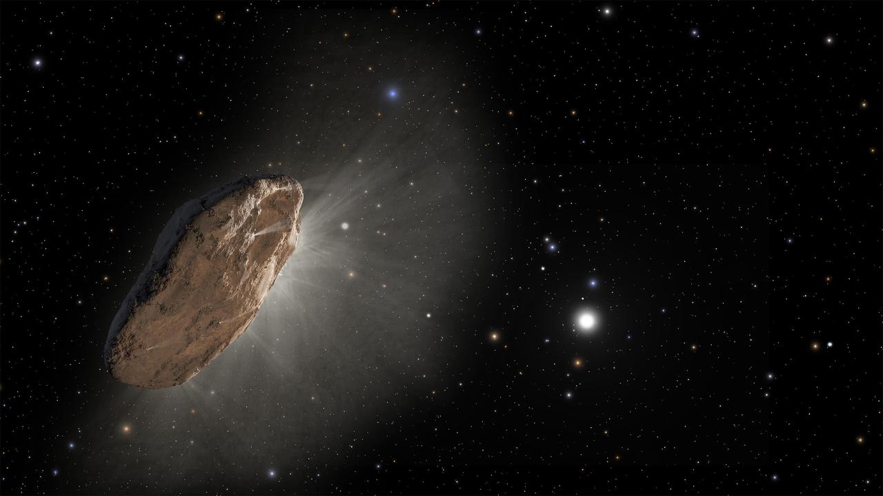 Artist's concept depicting outgassing from ʻOumuamua accelerating away from the Sun.