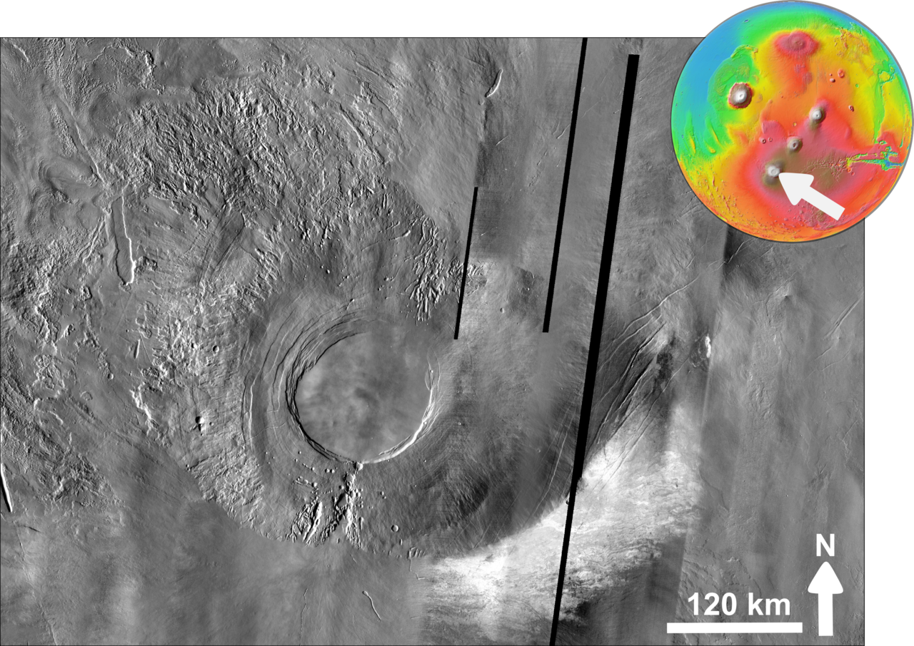 THEMIS daytime infrared view of Arsia Mons caldera on Mars.